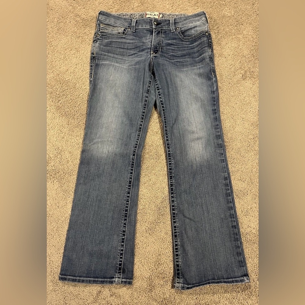 Ariat REAL Denim Jeans Women’s 33R Medium Wash Embroidered Pockets Western ~ AR2